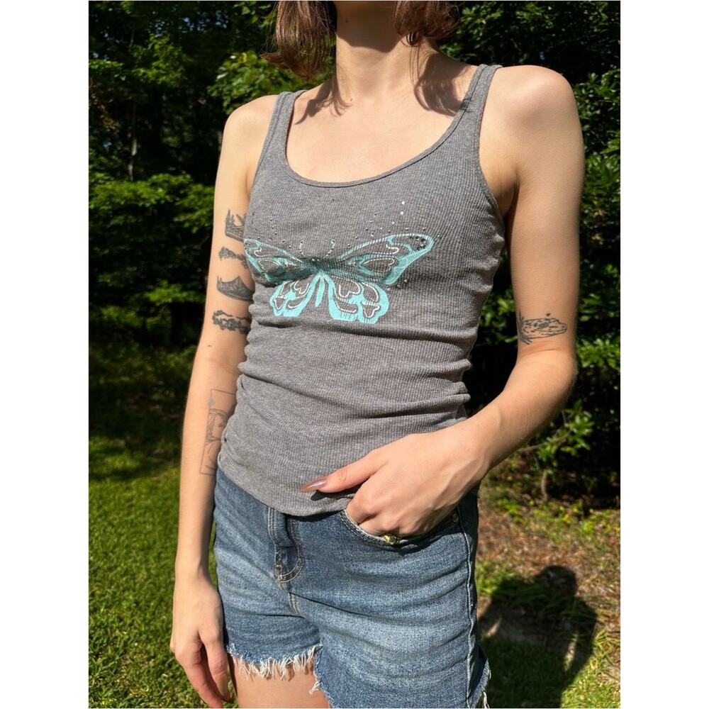 Y2K Aeropostale Gray Ribbed Tank Top with Turquoise Rhinestone Butterfly Graphic
